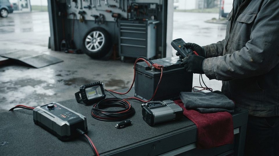 Illustrationsbillede: 12 V i bilen: tilbehør, opladere og et batteri, der holder